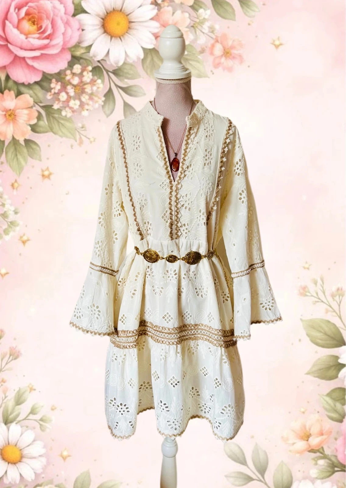 🌾🍃Robe broderie anglaise coton bohème champêtre cottagecore Romantic prairie embroidered dress S/M🌿💐